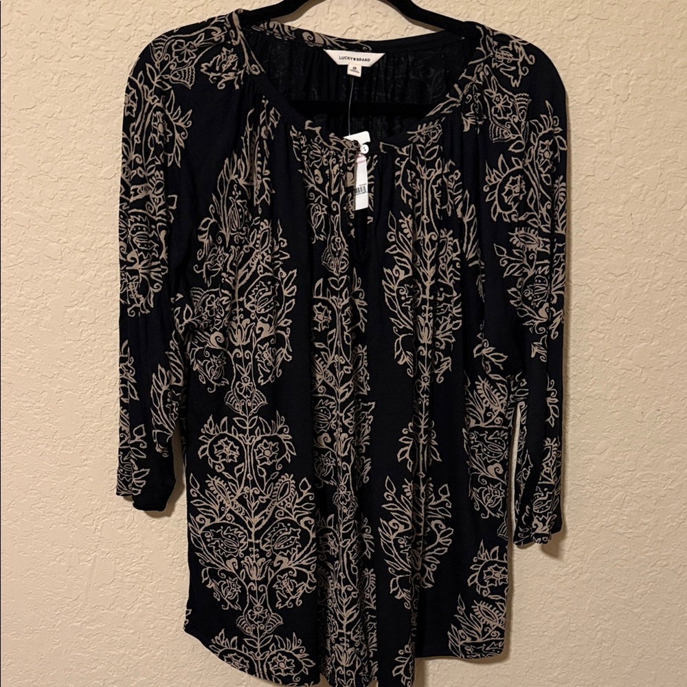 Lucky Brand Black Tunic with Cream Floral Print plus size 2x nwt